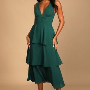 Celebration Time Emerald Green Sleeveless Tiered Midi Dress